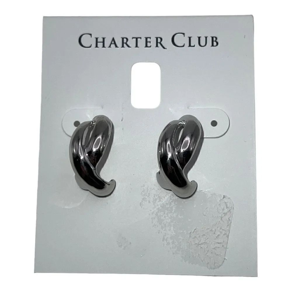 Charter Club Silver Tone Twist Double-Row J-Hoop Earrings NWT